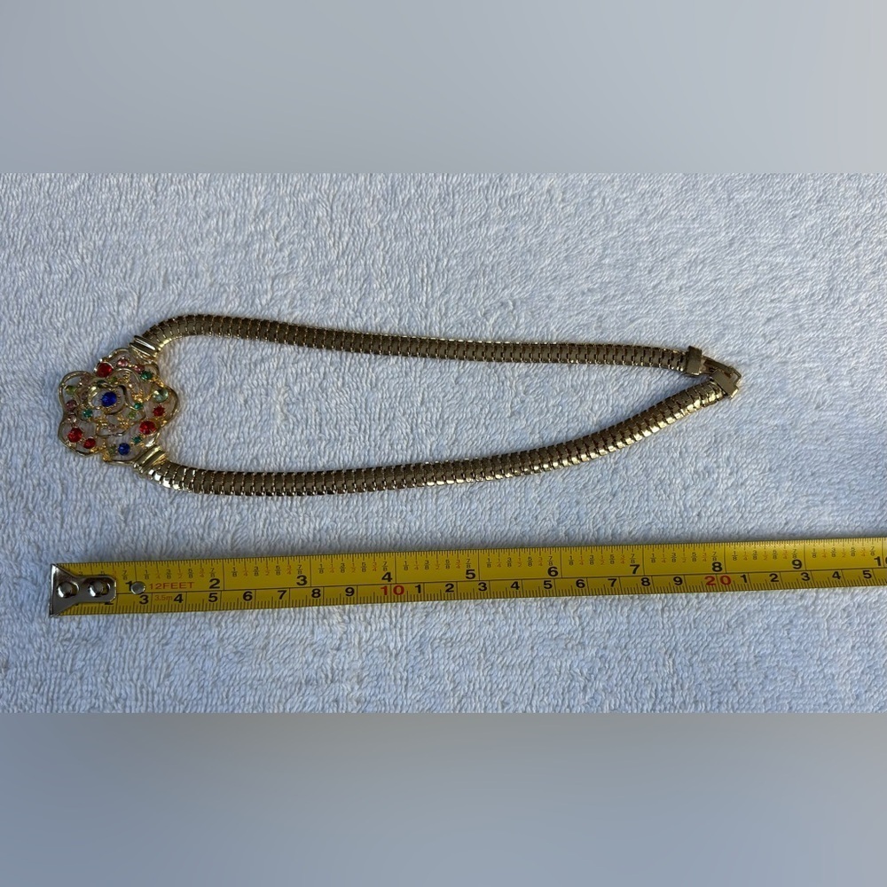 Vintage Gold Tone Statement Necklace Multi Color Rhinestone Rose Flower Collar - Picture 8 of 9